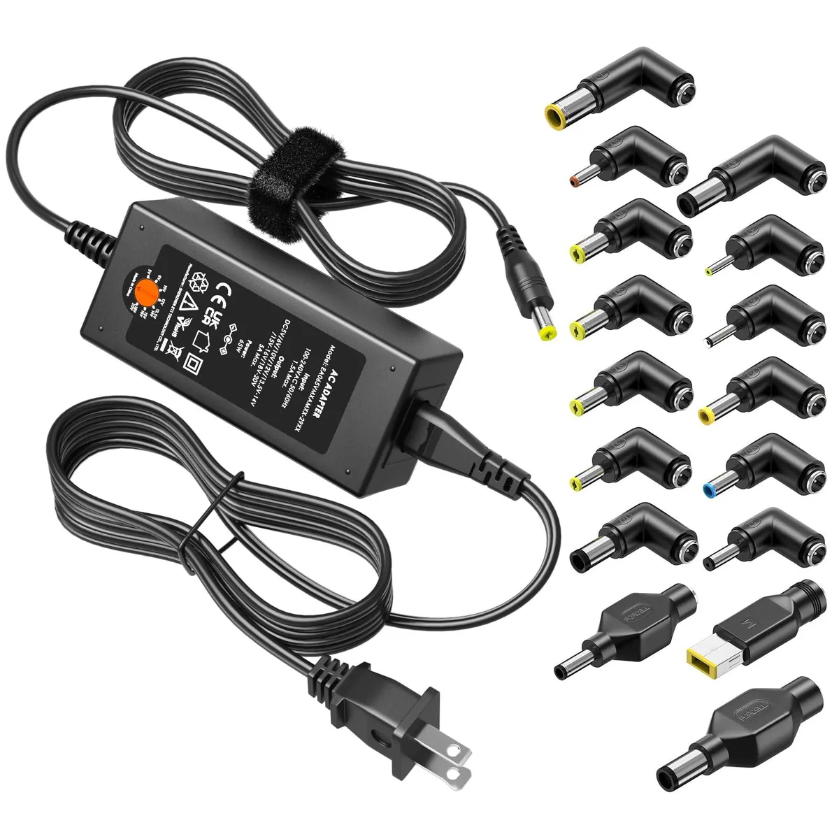 Black rectangular power brick with detachable cable and assorted barrel connectors