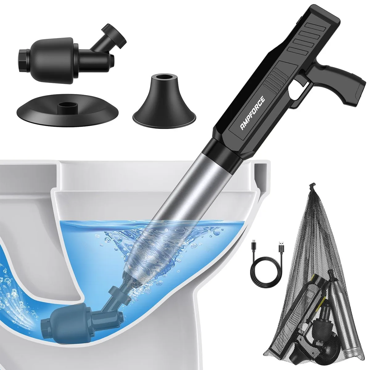 Twelve electric plungers in ink black plastic, each with angled head and Type-C port