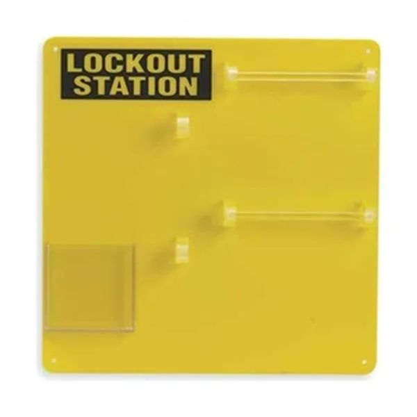 Yellow wall-mounted acrylic lockout board with open front and two hooks