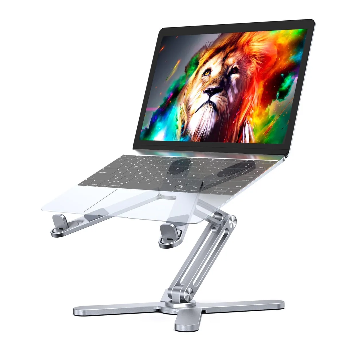 Silver aluminum laptop stand, square base 9.7 by 9.7 inches, 1.6 inches thick, foldable with rotating joints