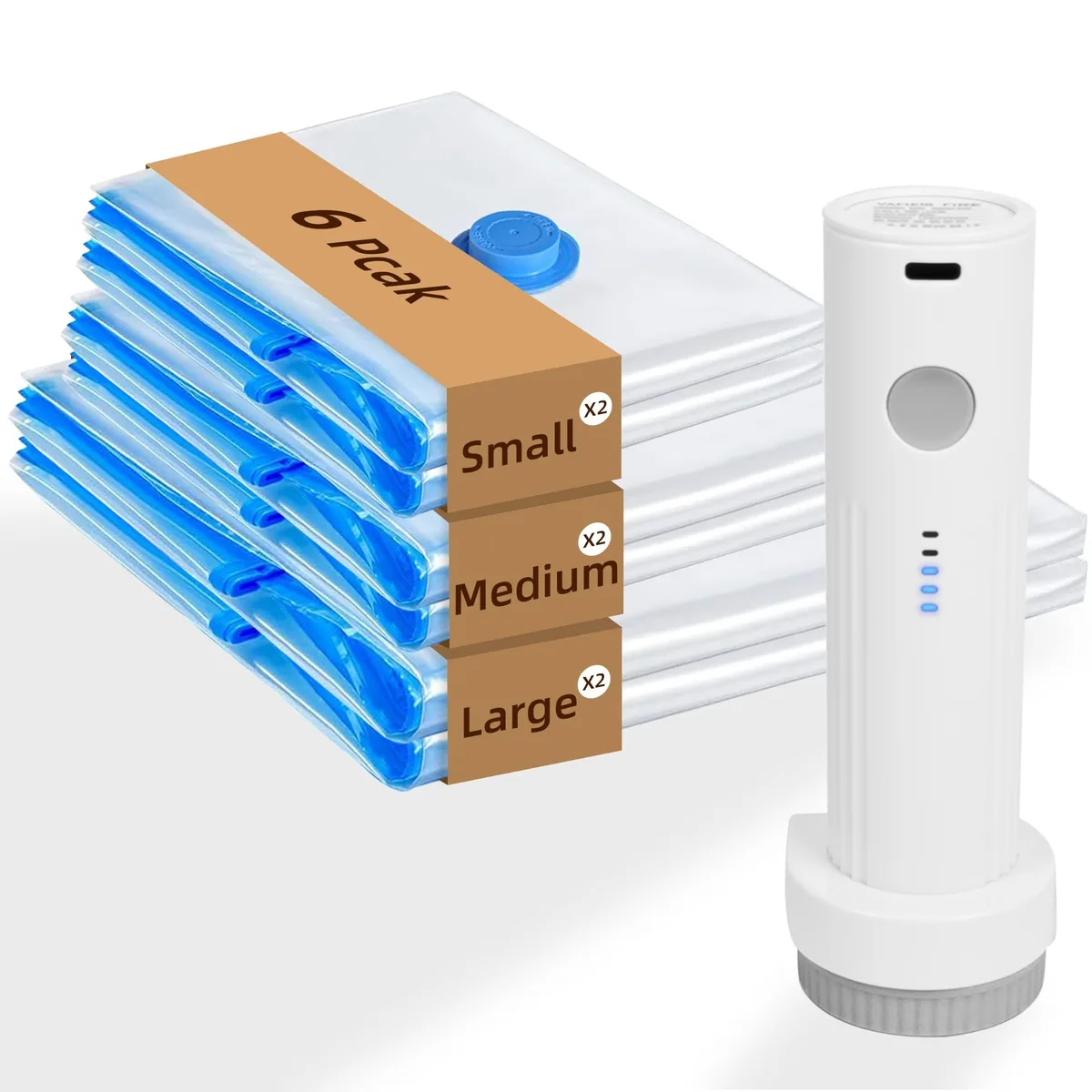 Six beige vacuum storage bags and a rechargeable pump on a flat surface