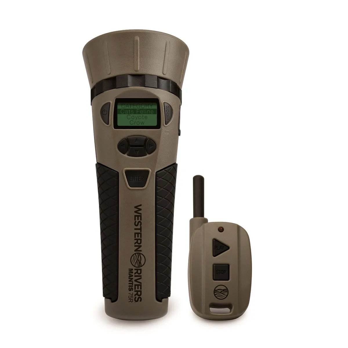 Compact handheld electronic game caller with rubberised pivoting legs and remote