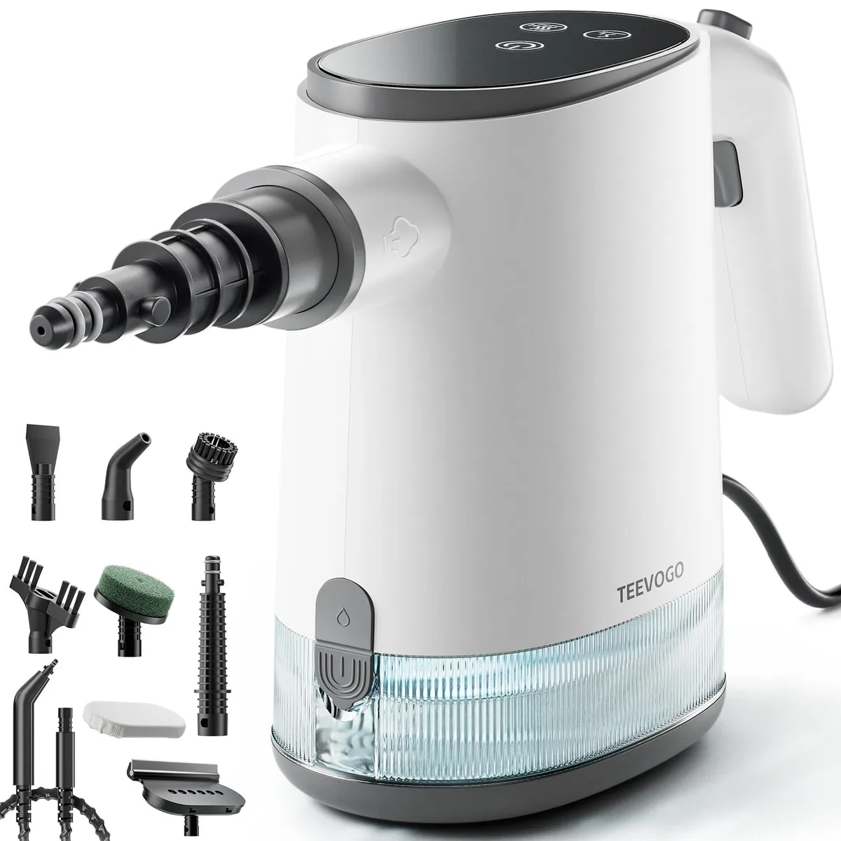 White handheld steam cleaner with transparent water tank and trigger lock