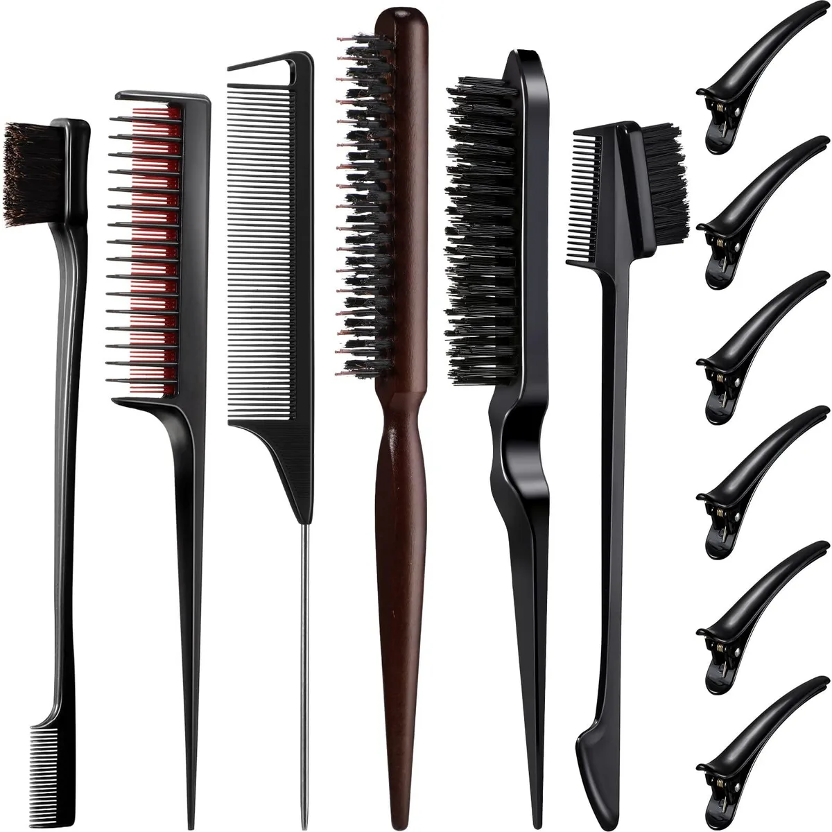 Black 12-piece hair styling set with brushes, combs and duckbill clips