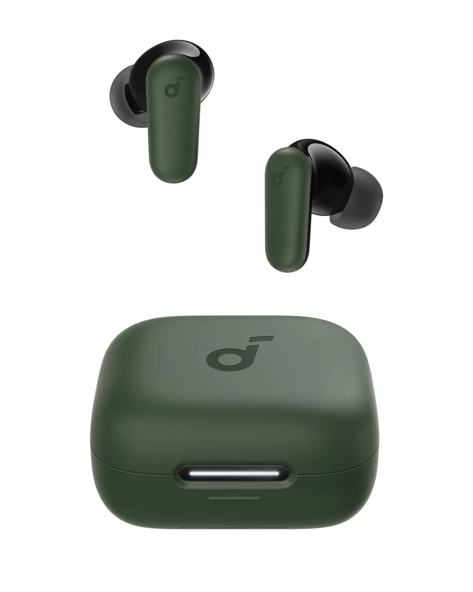 Green wireless earbuds in charging case with phone stand