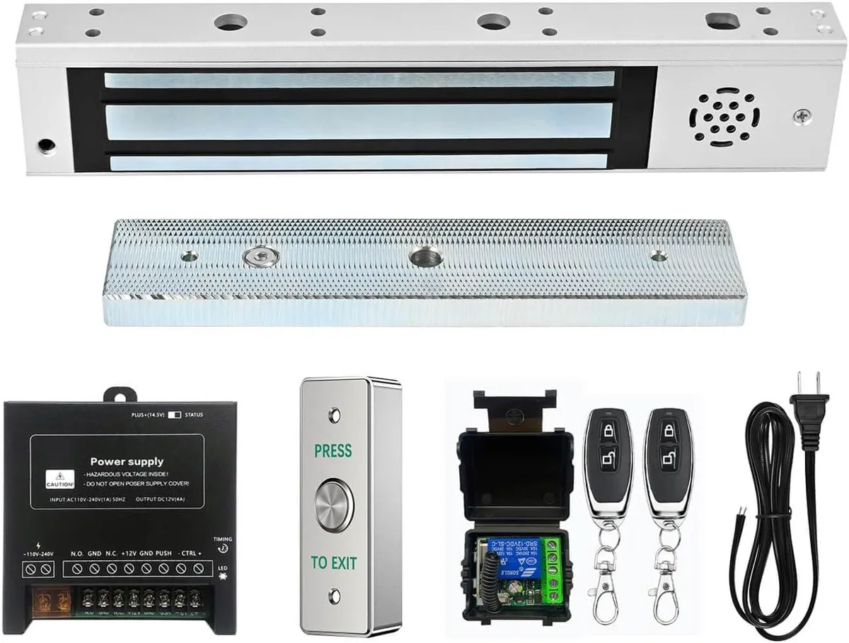 BFKK 600lbs magnetic lock kit with alarm beeper, remote controller, stainless steel exit button and power supply controller
