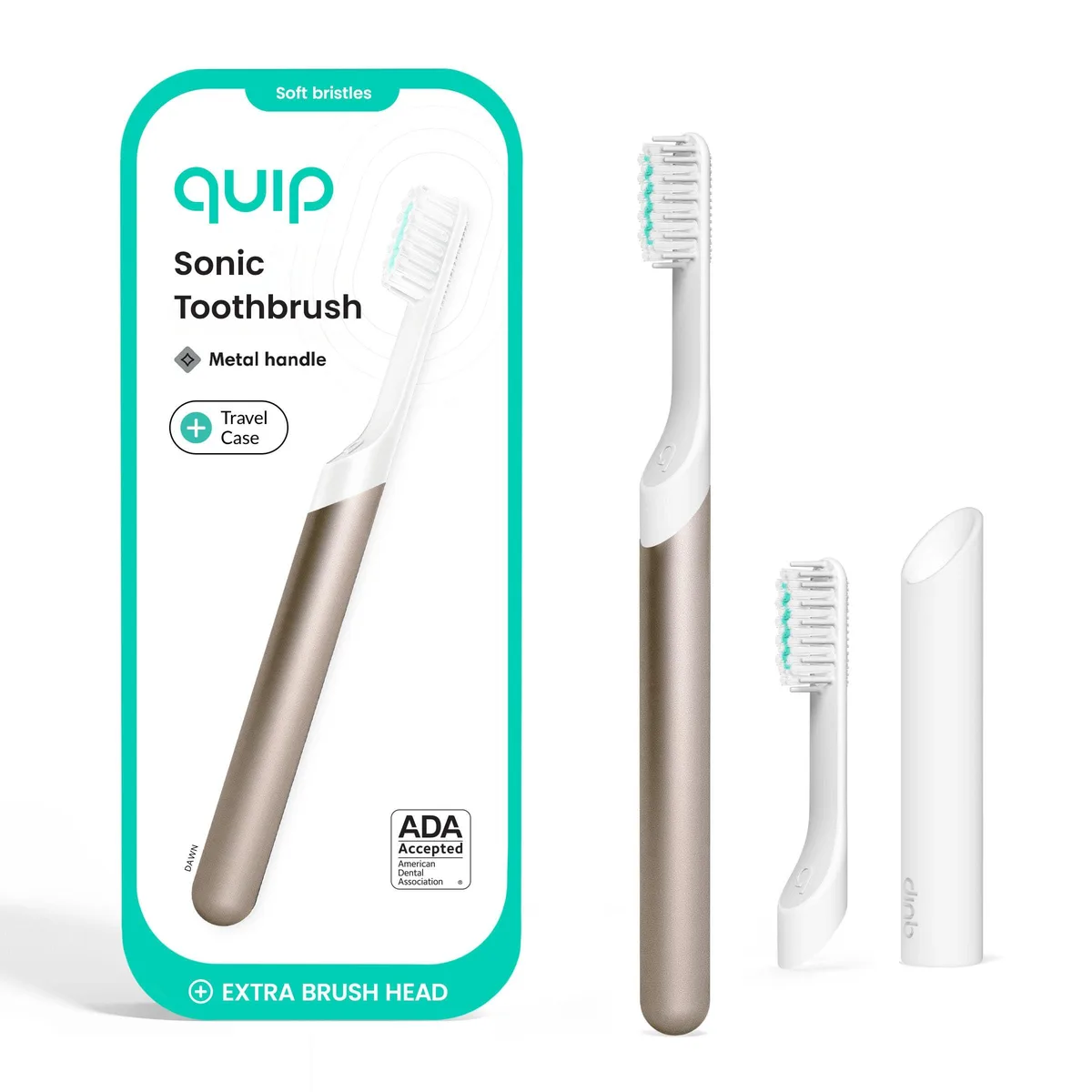 Gold metal sonic electric toothbrush with travel case and replacement brush head