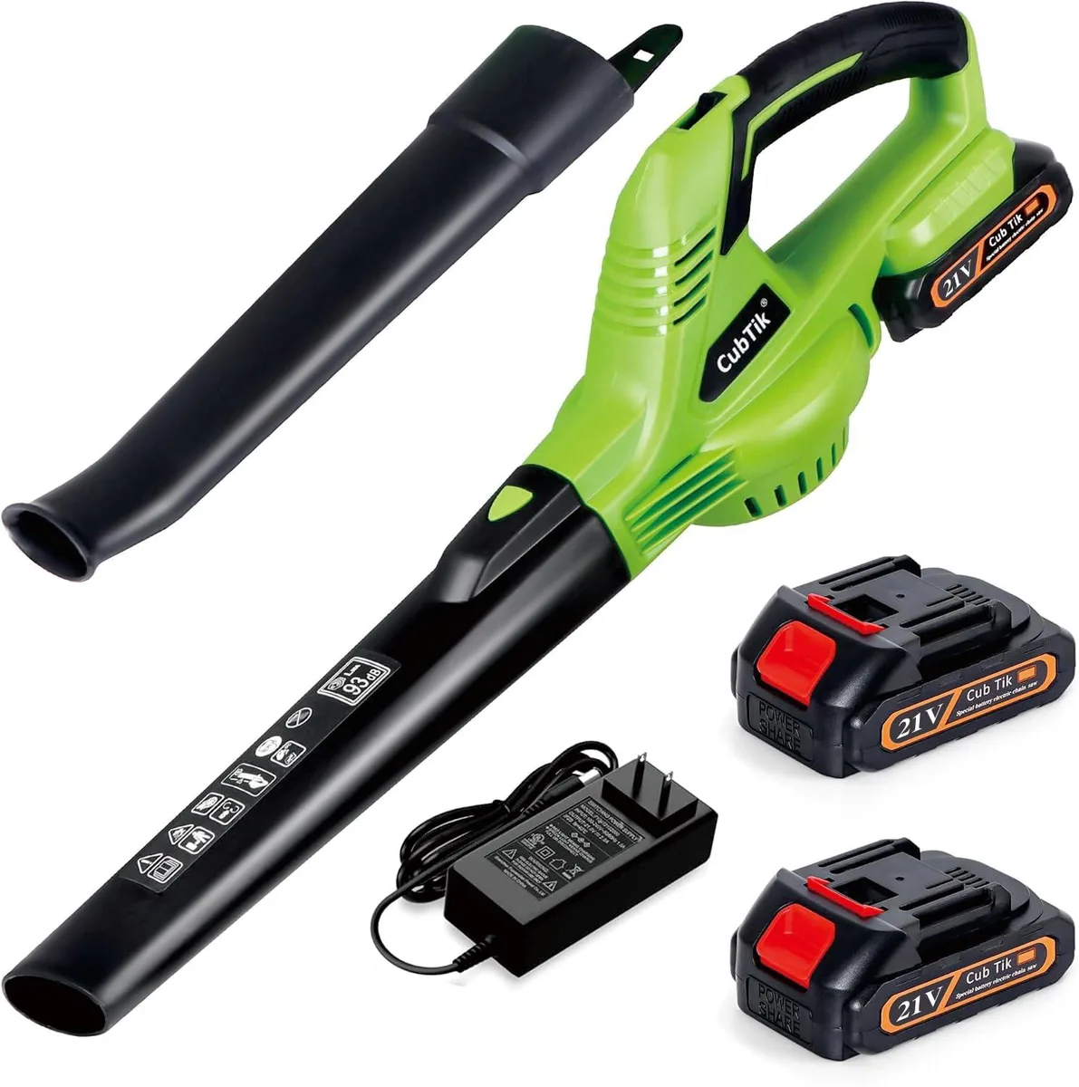 Green handheld cordless leaf blower with two batteries and charger