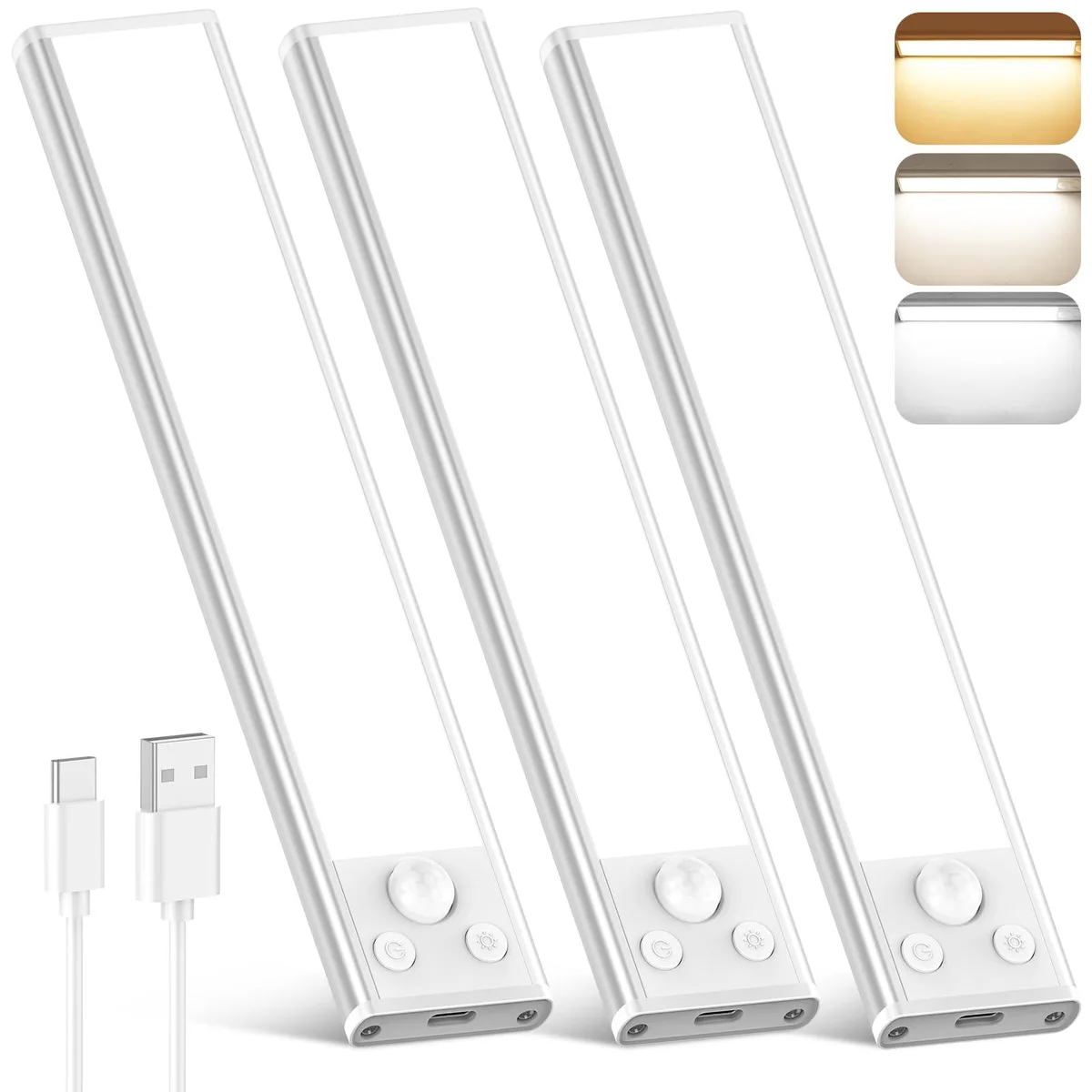 Three slim white acrylic bars with magnetic backs, each packed with 68 LEDs