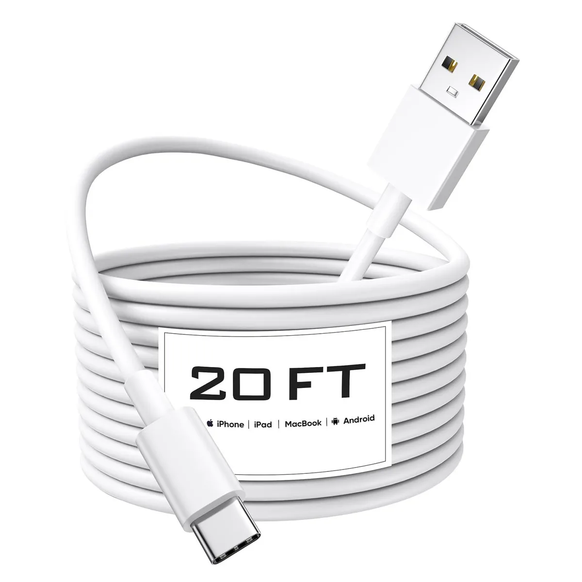 White 20ft USB A to USB C cable with TPE jacket, male-to-male connectors