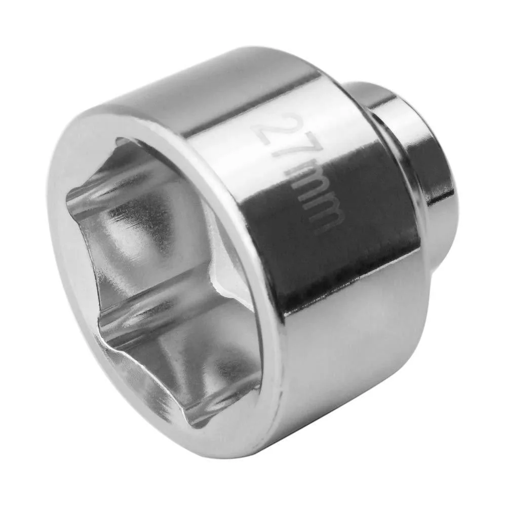 Silver 27 mm 6-point low-profile oil filter socket, matte chrome finish, 3/8 inch drive