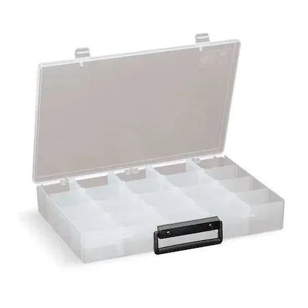 Clear plastic compartment box with adjustable dividers and handle