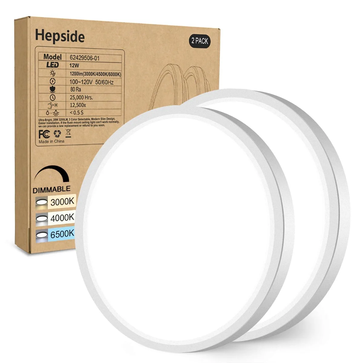 Two white flush-mount ceiling lights with clear prismatic acrylic diffusers, 6.5 inches wide and low profile