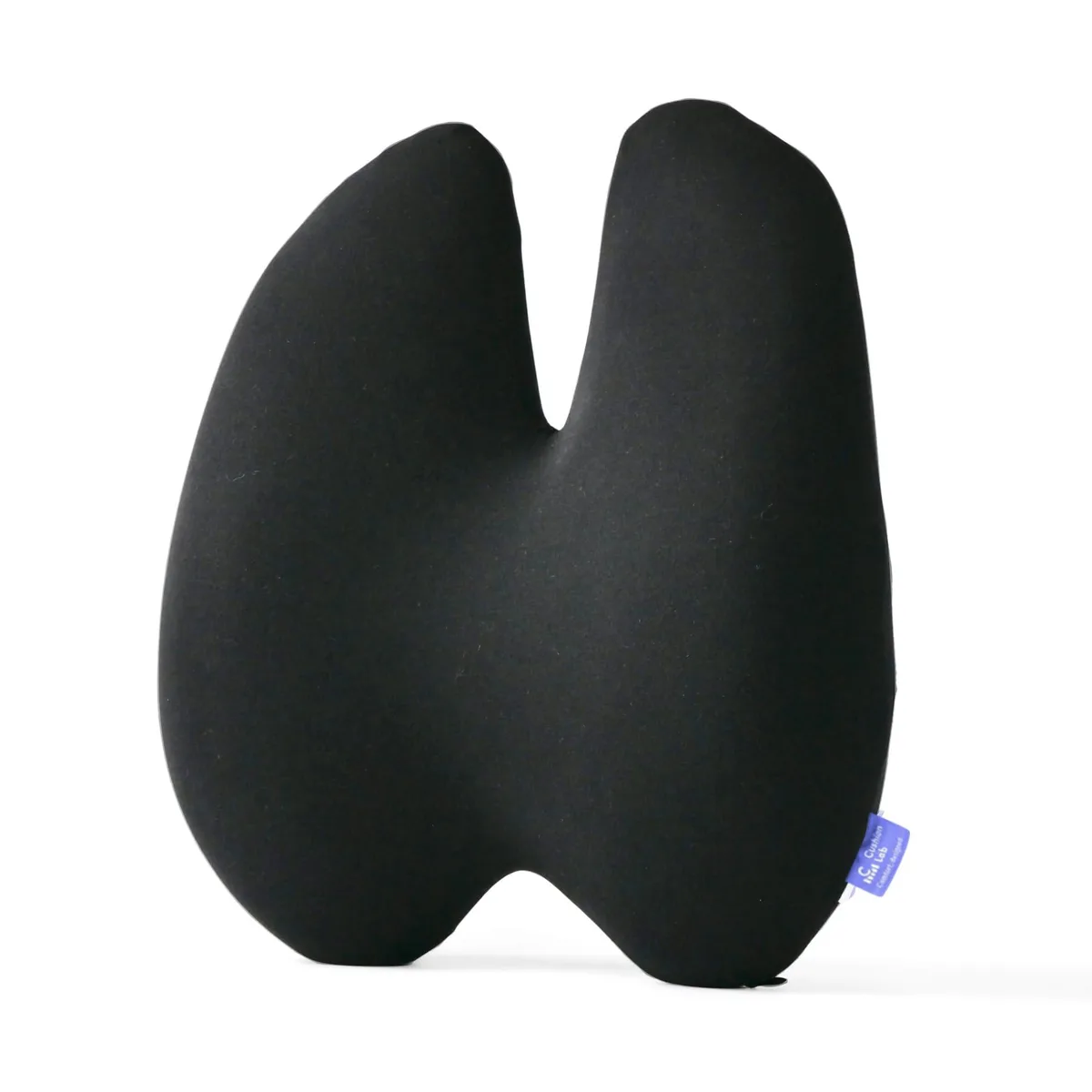 Black lumbar support pillow with contoured shape and adjustable strap