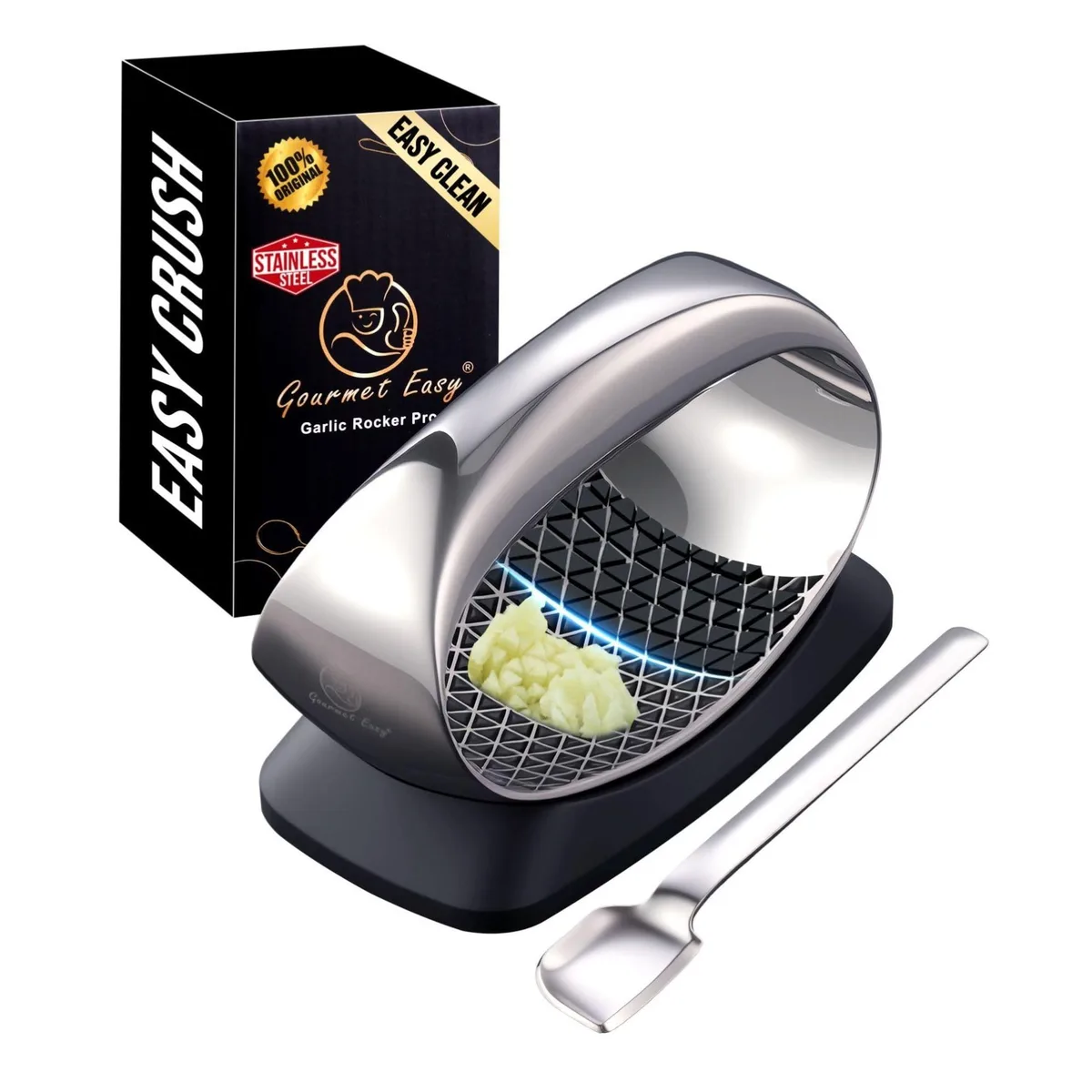 Stainless steel garlic rocker with eject base and curved scraper
