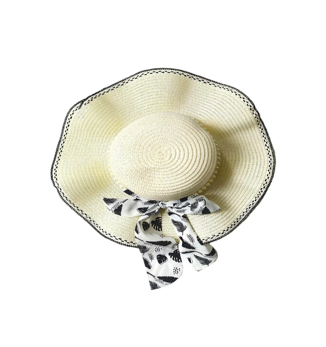 Black wide-brim straw sun hat with ribbon, pearls and chin strap