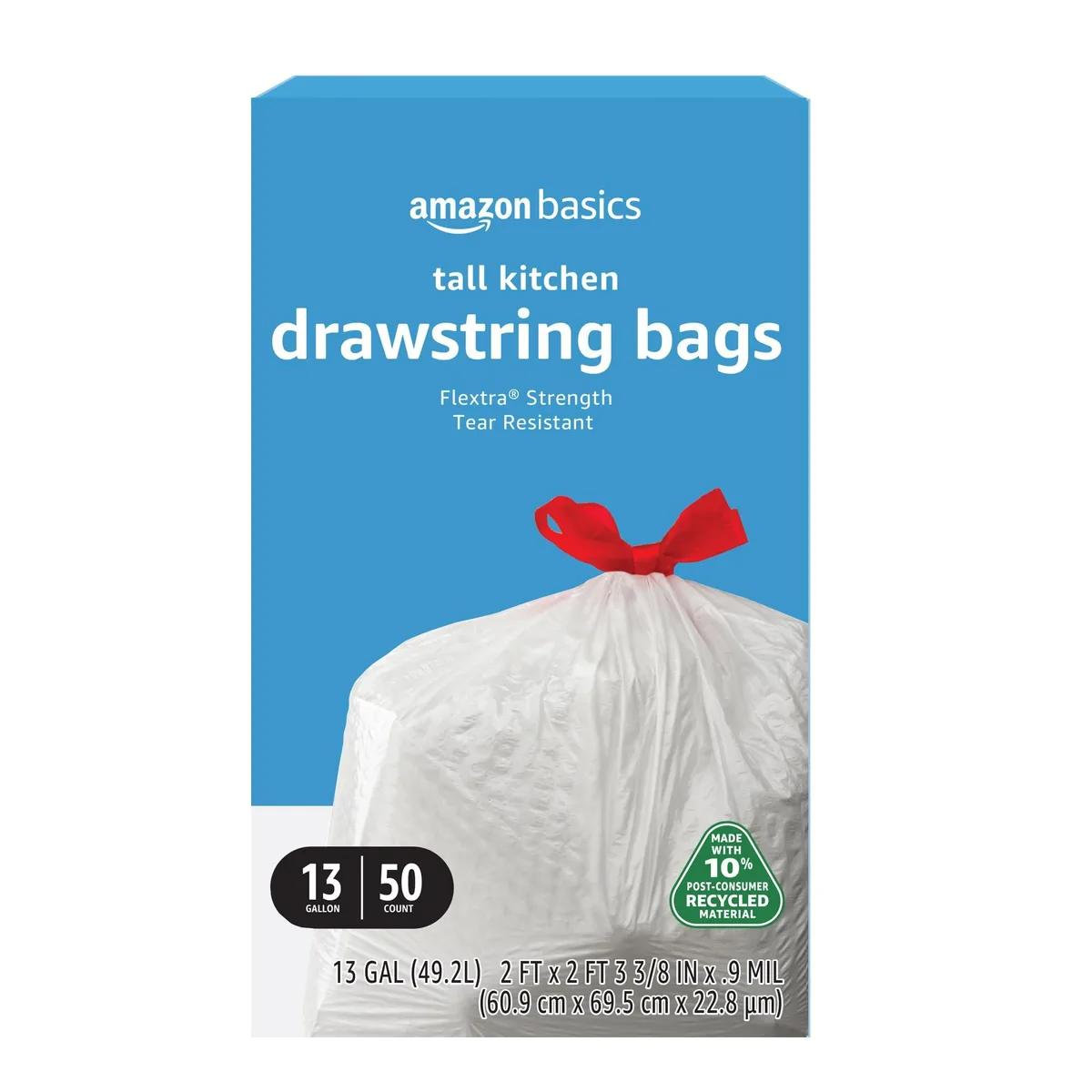 White drawstring kitchen trash bags in a 50-count carton
