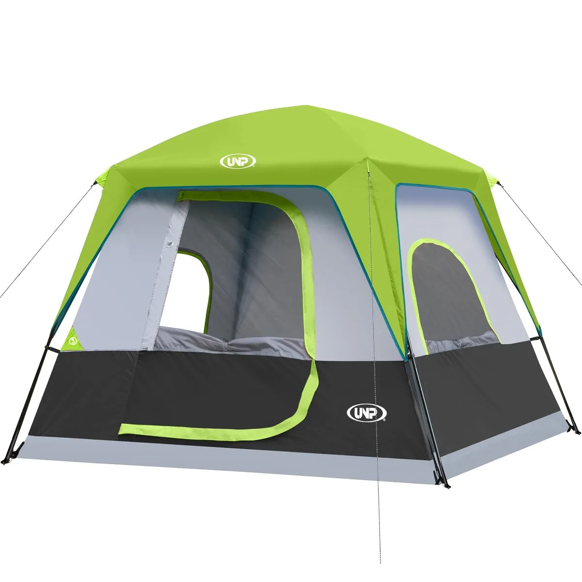 Fluorescent-green cabin tent with mesh door windows and rainfly
