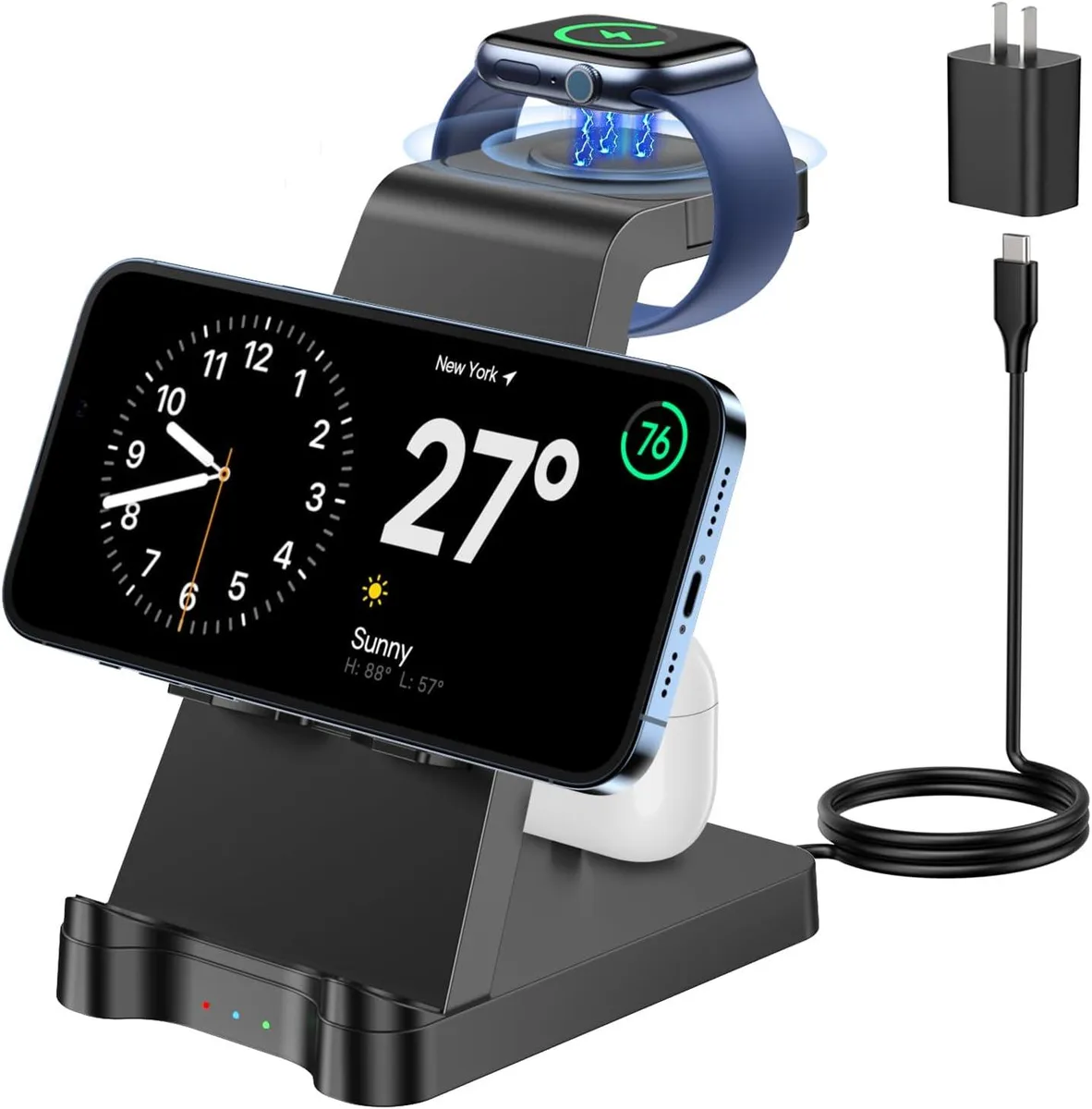 White rectangular wireless charging stand with phone, watch, and earbud pads, blue LED indicator, non-slip base, cooling vents