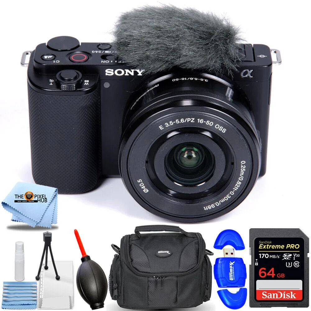 Sony Sony ZV-E10 24.2MP APS-C compact mirrorless camera with 16-50mm lens, 64GB card and accessory bundle — product photo