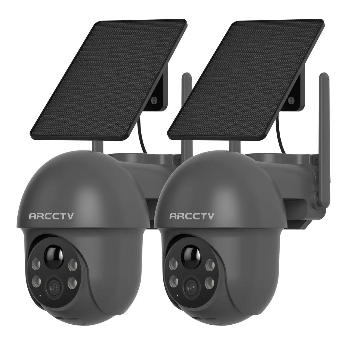Two white dome cameras with detachable solar panels, wireless outdoor design