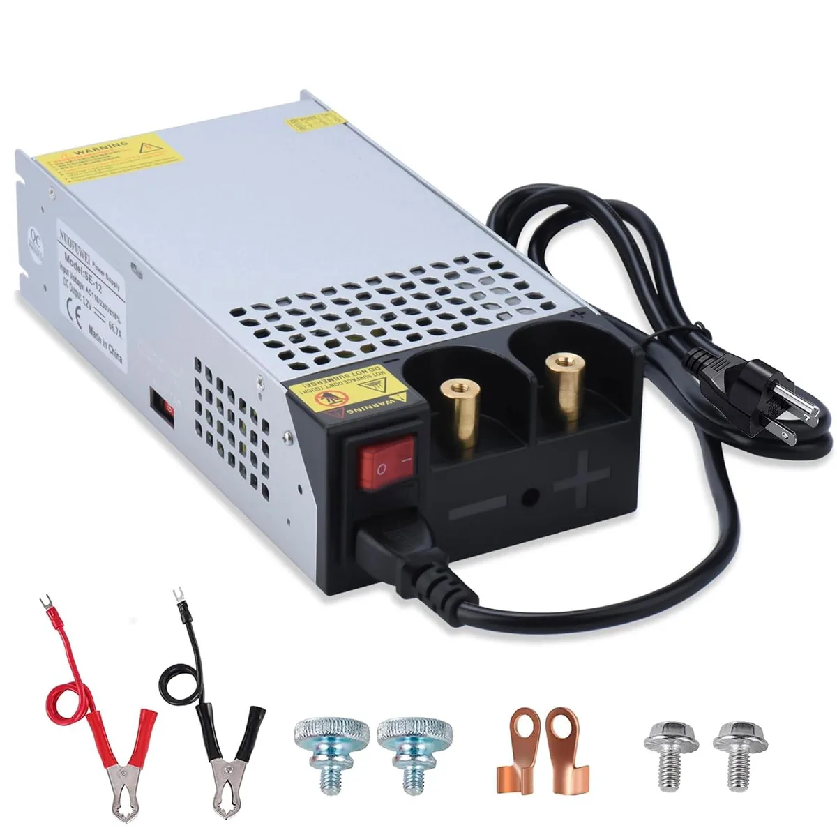 Rectangular silver metal power supply with cooling fan and terminal connections