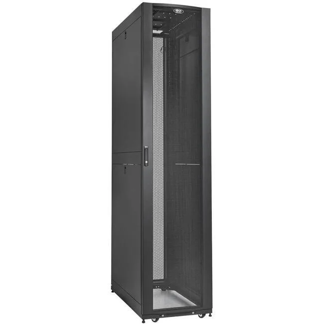 Tall black 52U server rack enclosure with locking doors and side panels, preinstalled casters and leveling feet