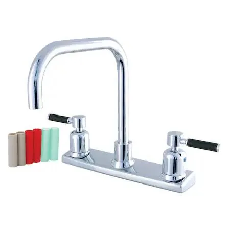 Polished chrome centerset kitchen faucet with black silicone handles