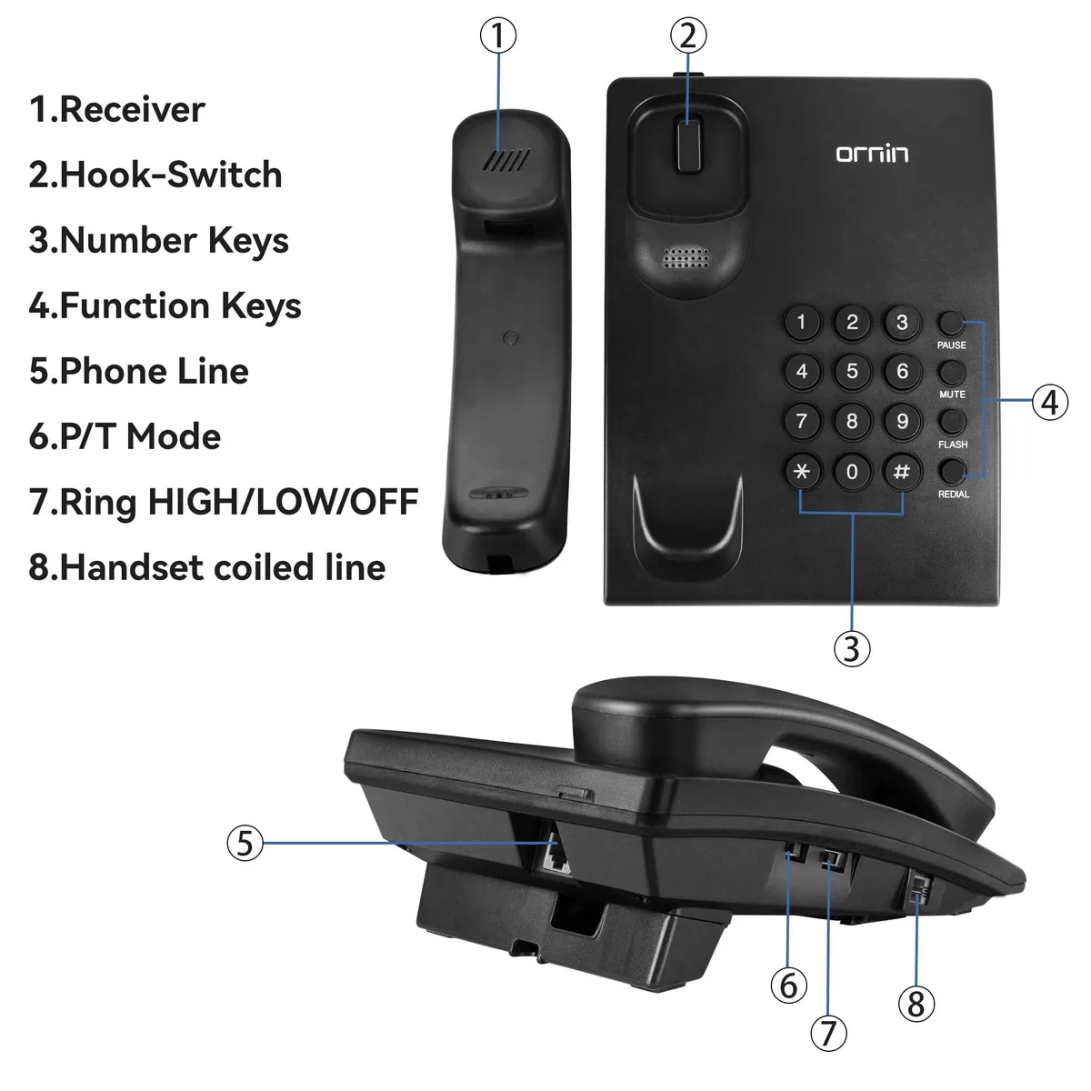 White corded desk phone with coiled handset cord and keypad