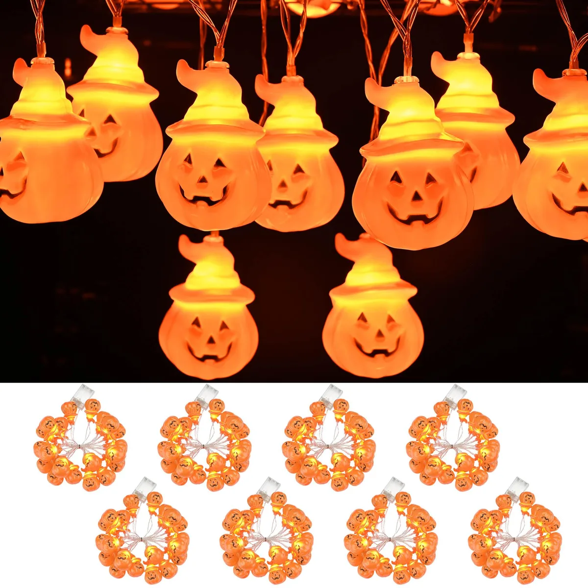 Eight packs of orange pumpkin LED string lights on green wire