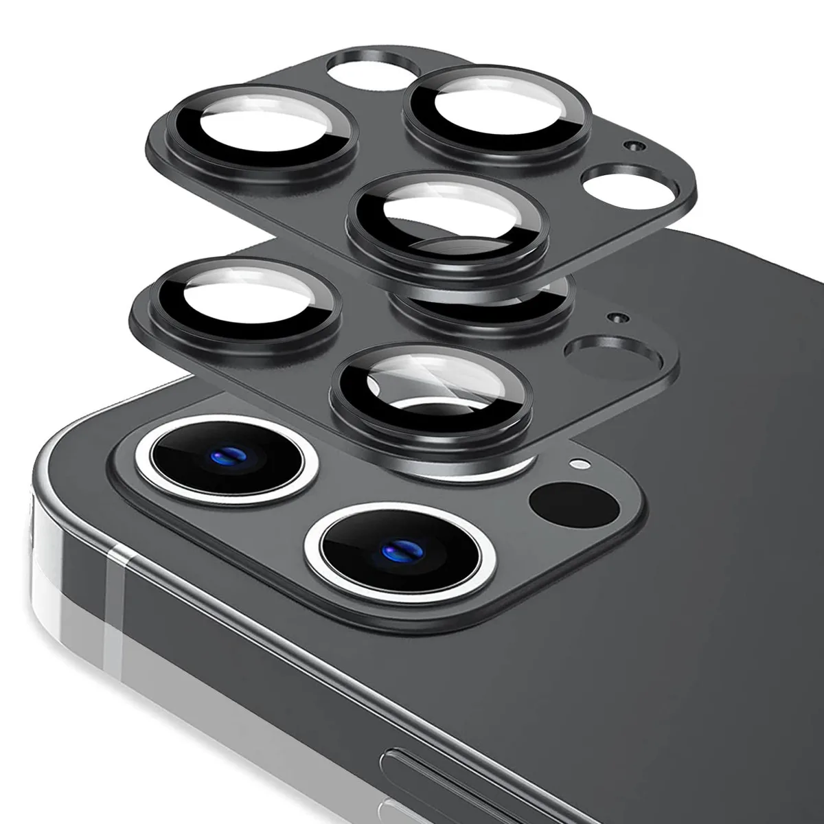 Two black camera lens protectors with metal rims and tempered glass