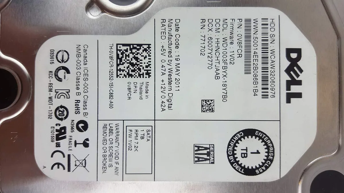 DELL DELL 1 TB 7.2K RPM SATA 3.5" internal hard drive V8FCR WD1003FBYX — product photo
