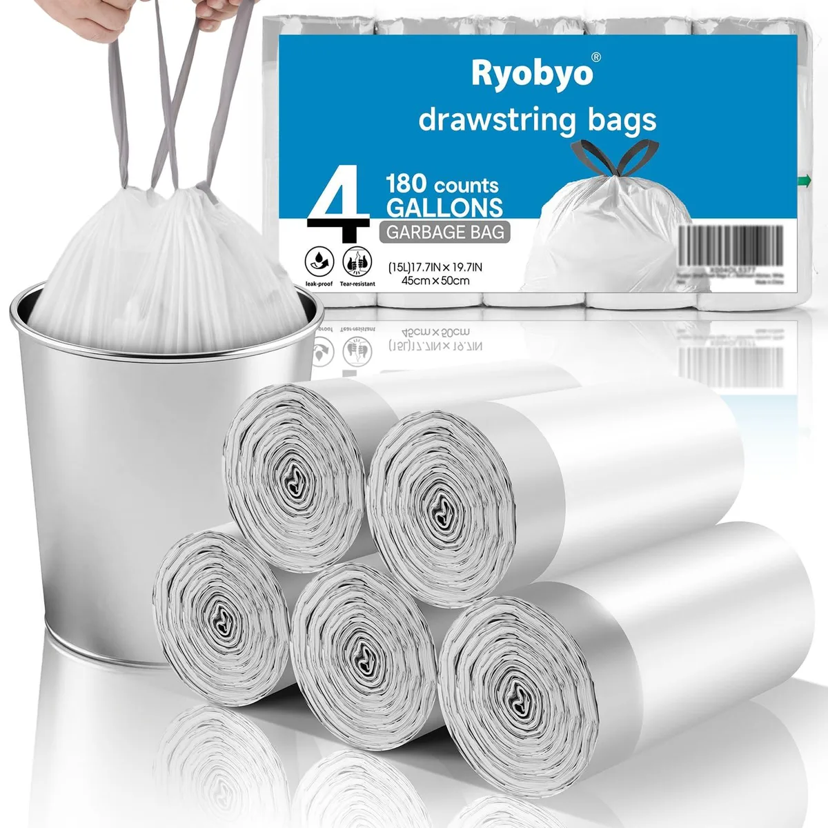 White drawstring trash bags on rolls, 180 count total