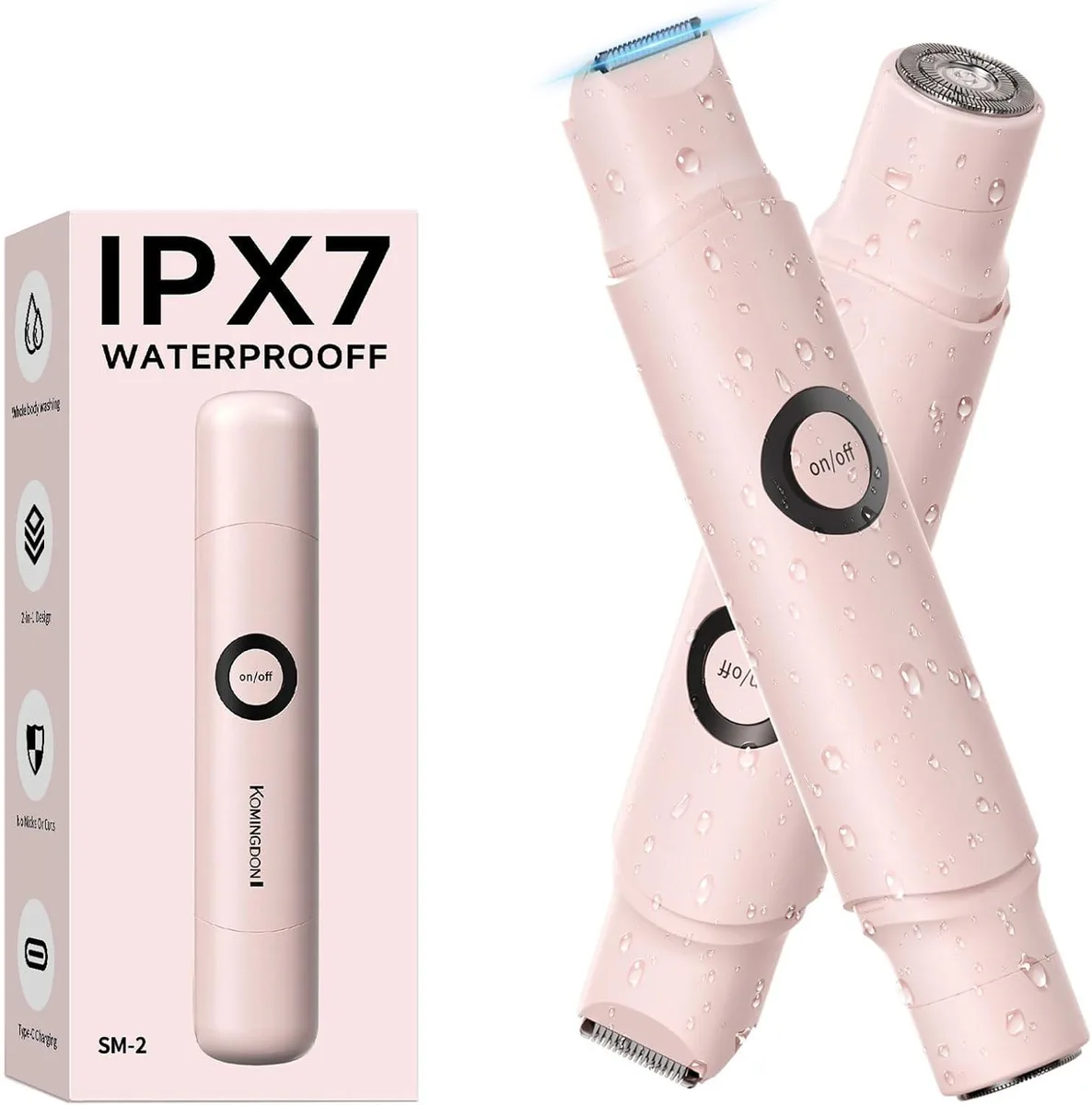 Pink 2-in-1 electric shaver with dual heads and USB-C charging
