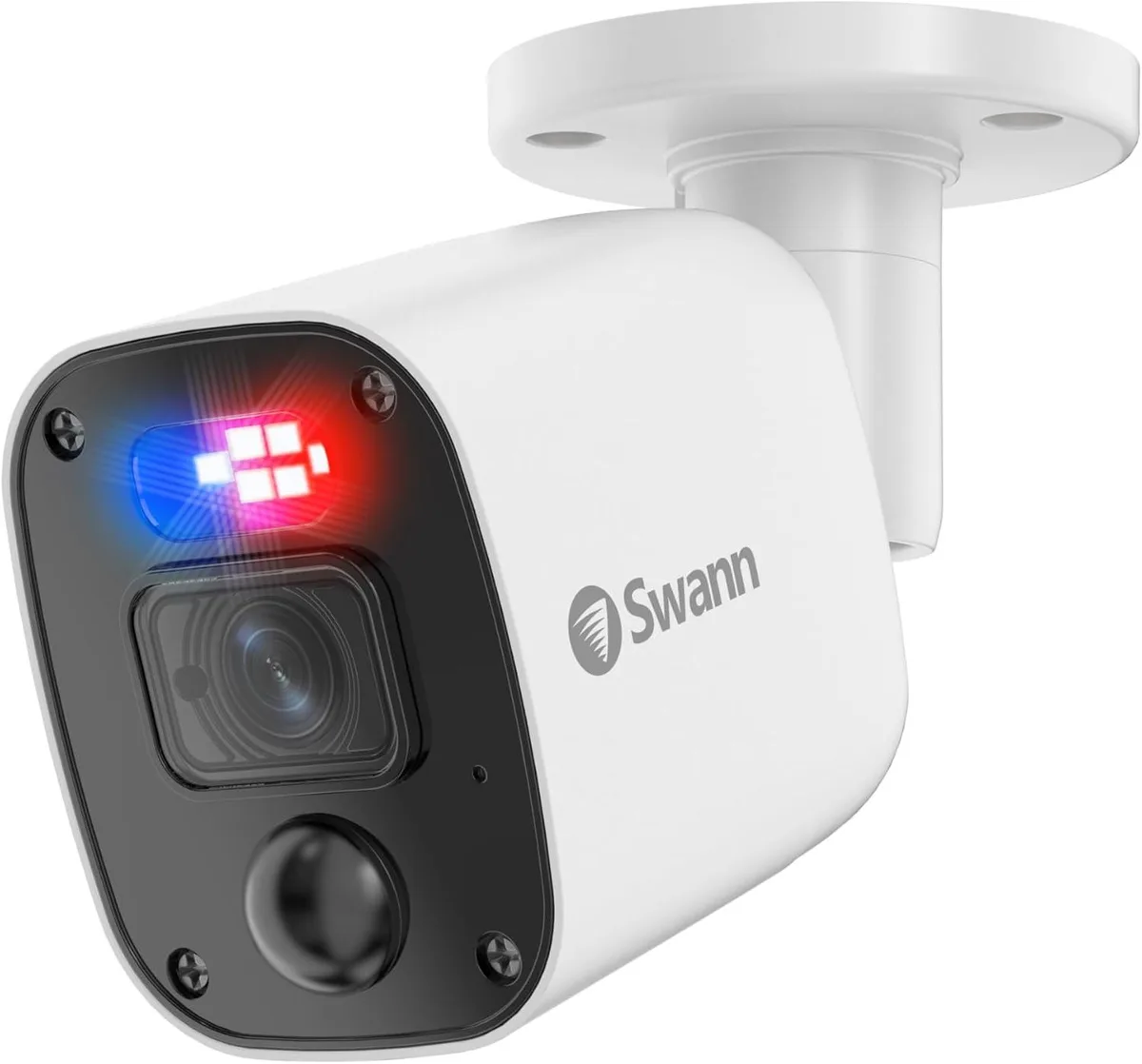 White bullet-style network camera with cylindrical body and mounting bracket