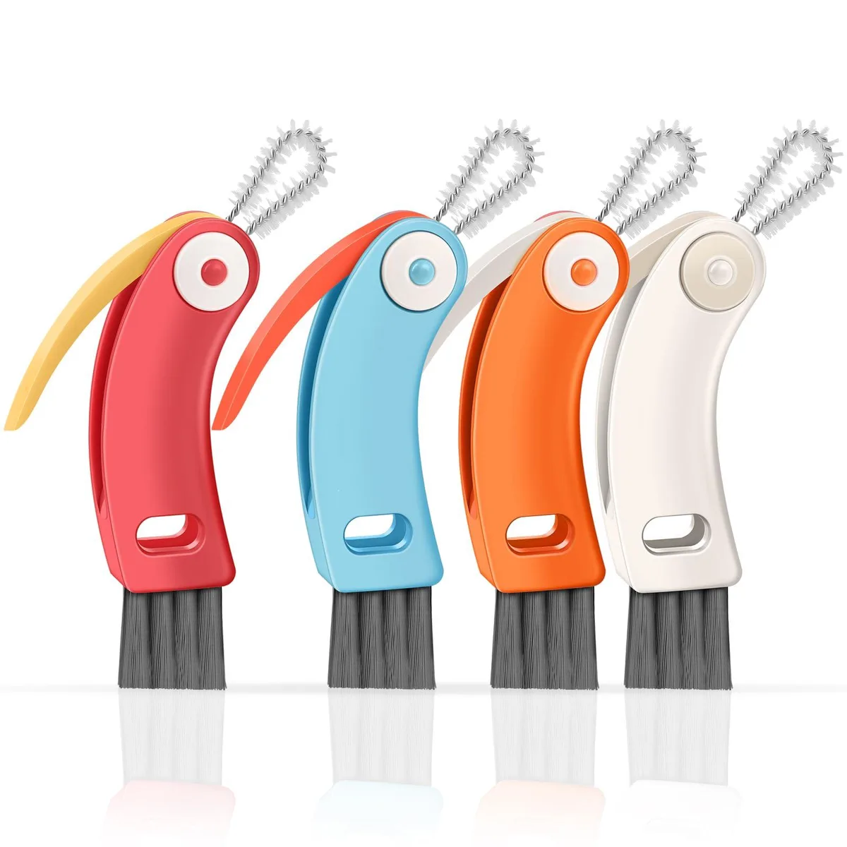 Four bird-shaped brushes in white, red, orange, blue with soft and hard bristles, hook removers, arc handles