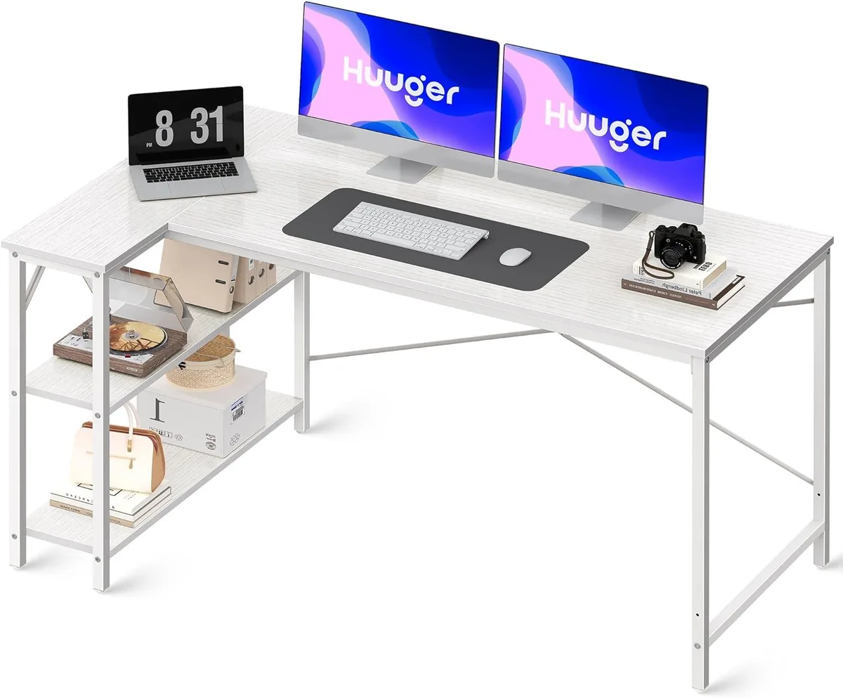 White L-shaped desk with metal frame and reversible storage shelves