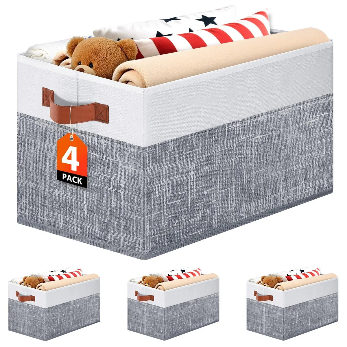 Four collapsible fabric storage baskets in white and grey with leather handles
