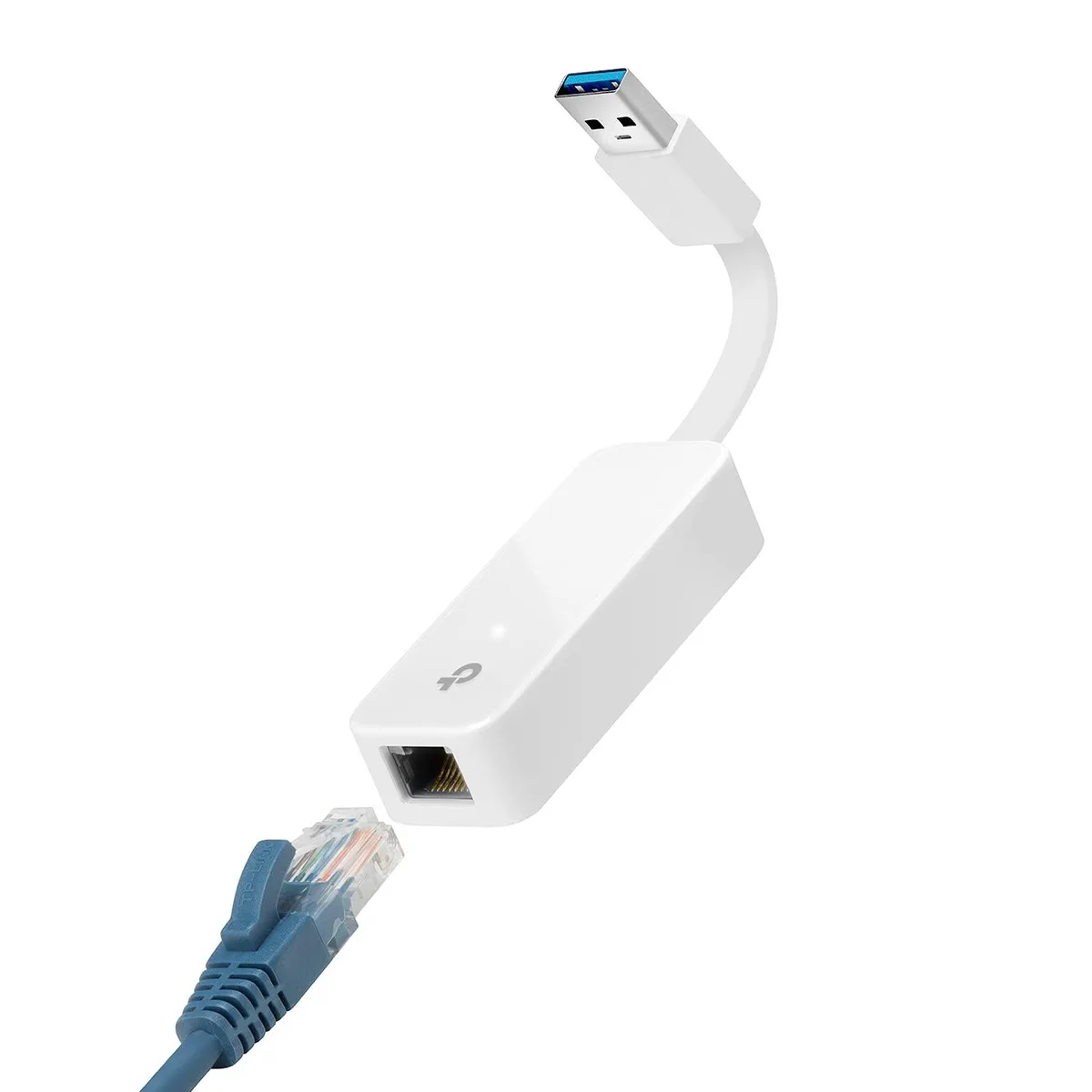 White foldable USB 3.0 to Gigabit Ethernet adapter, compact rectangular dongle with hinged connector and RJ45 port