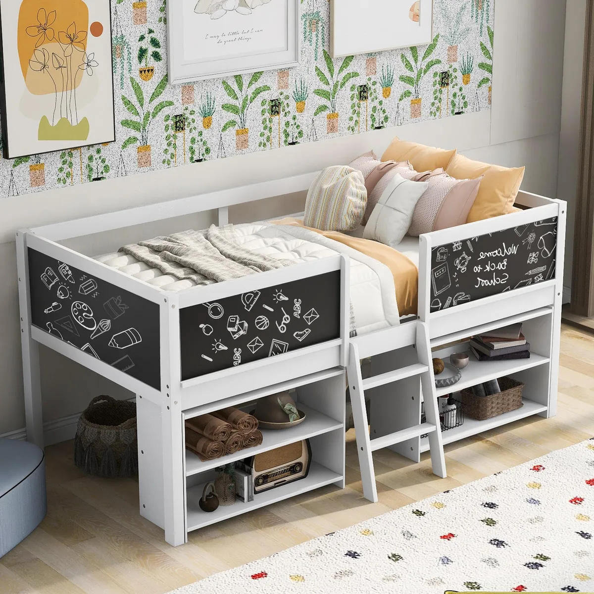 tuphen tuphen Twin Low Loft Bed with Chalkboard &amp; Shelves White 283286 — product photo