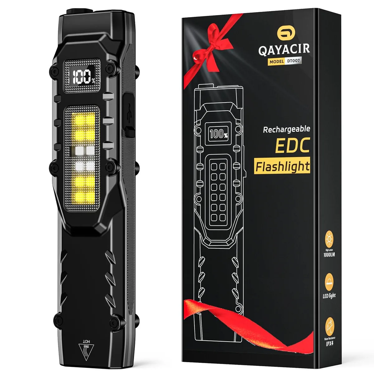 Flat rectangular flashlight with rounded edges, matte finish, two top buttons and USB-C port