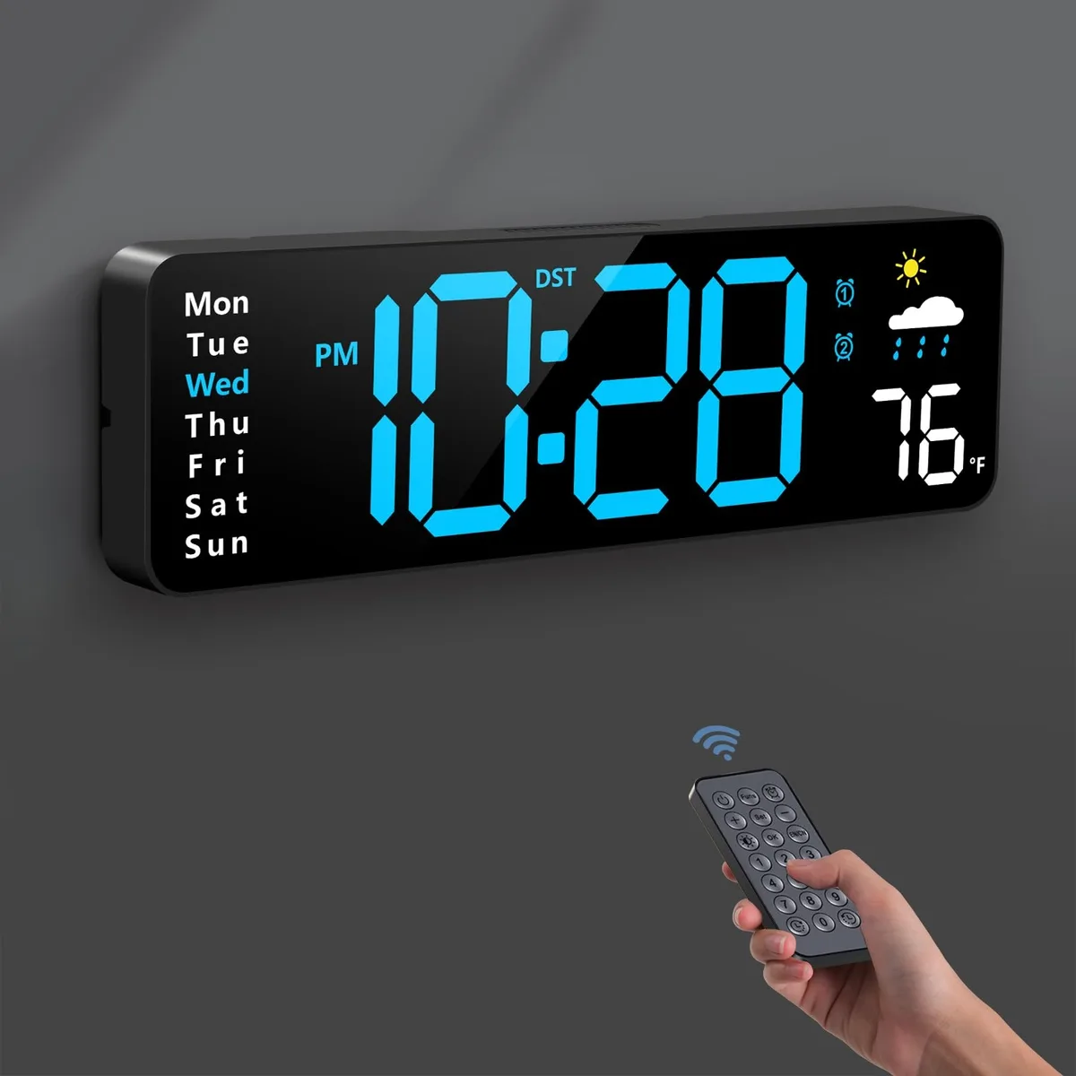 Blue rectangular LED wall clock 11.0 in wide with large digital display