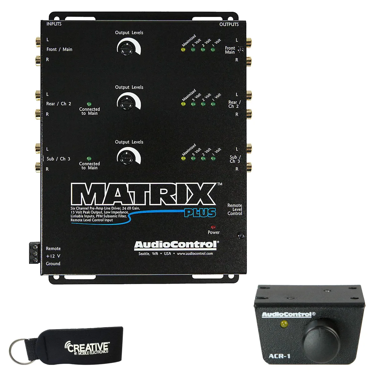 Audiocontrol Matrix Plus six-channel line driver with ACR-1 dash remote, black metal chassis