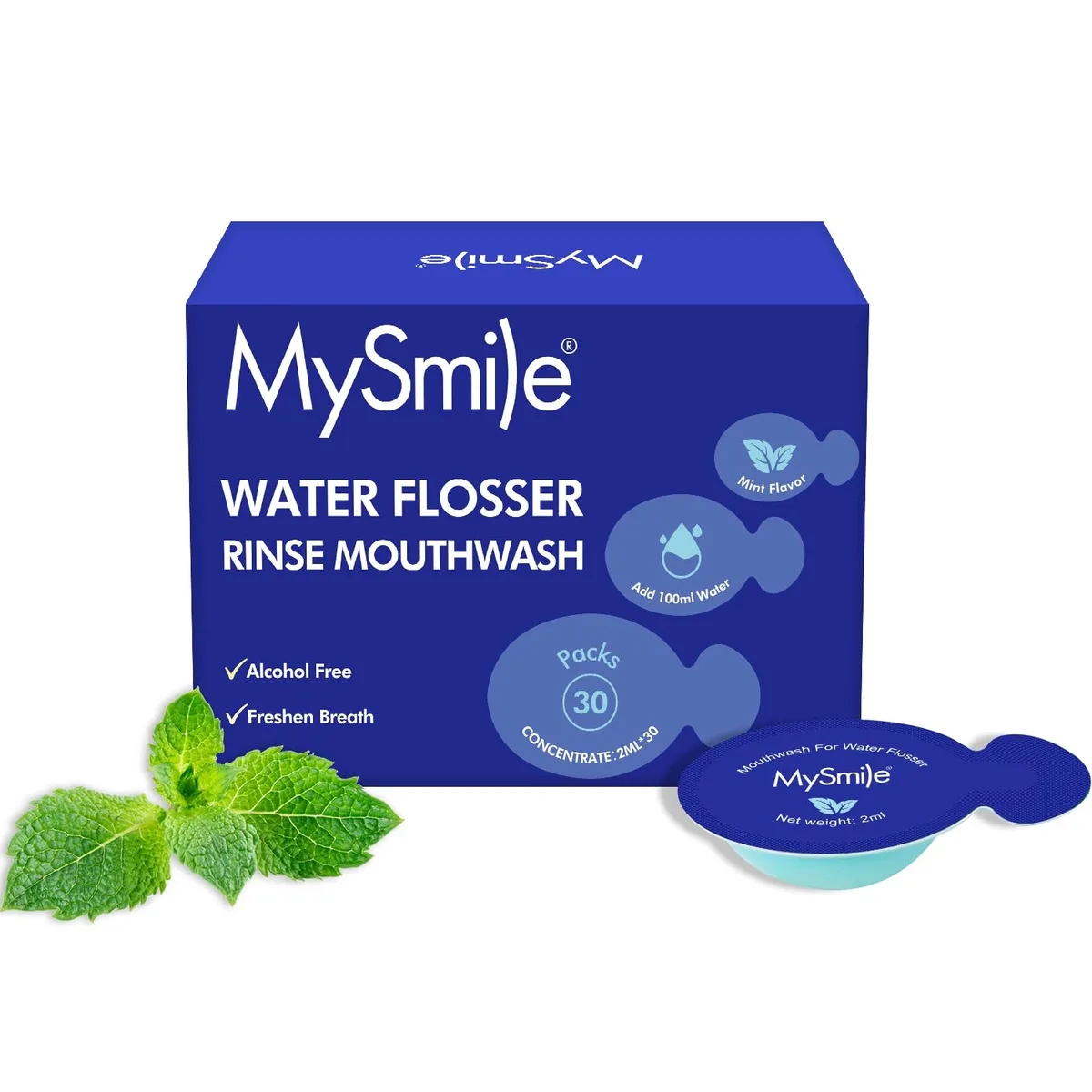 Small rectangular box containing thirty mint concentrate packets for water flosser