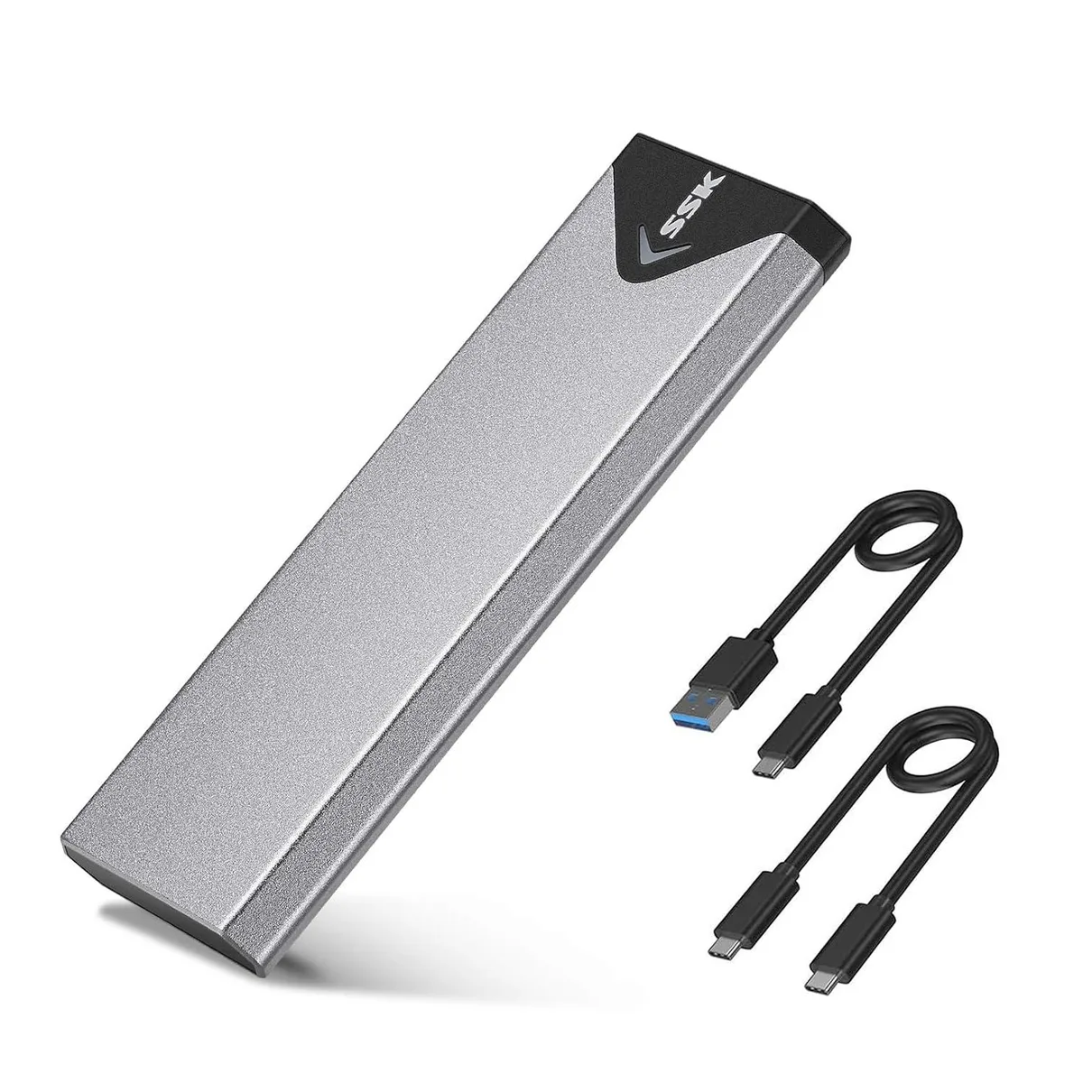 Slim aluminium M.2 enclosure with USB-C and USB-A cables, blue status light