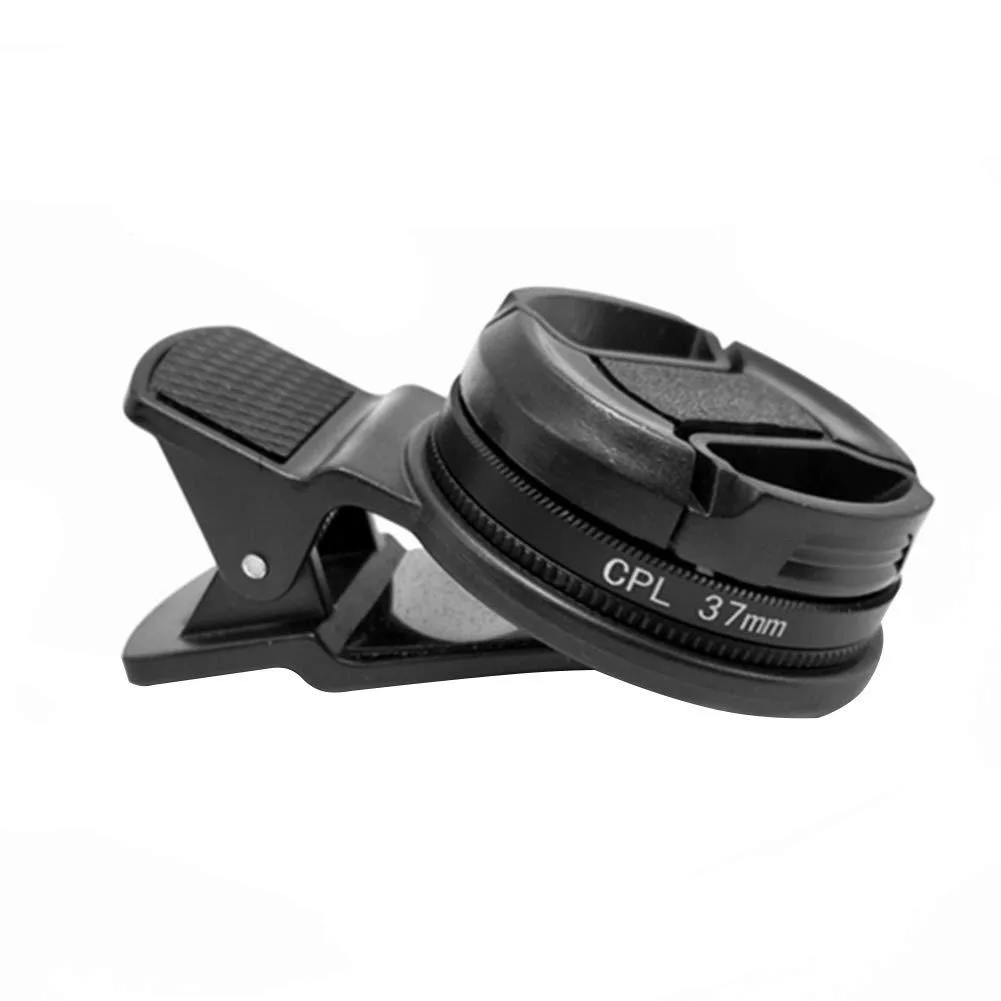 Black 37mm circular polarizing filter with spring clip for smartphone lens