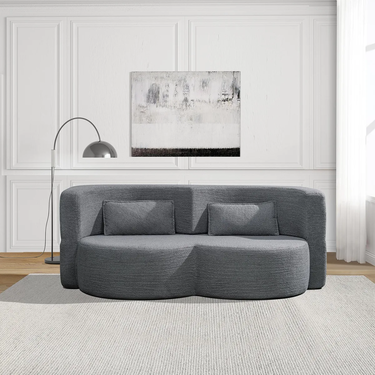 Dark grey teddy velvet folding sofa bed, foam filled, convertible floor futon