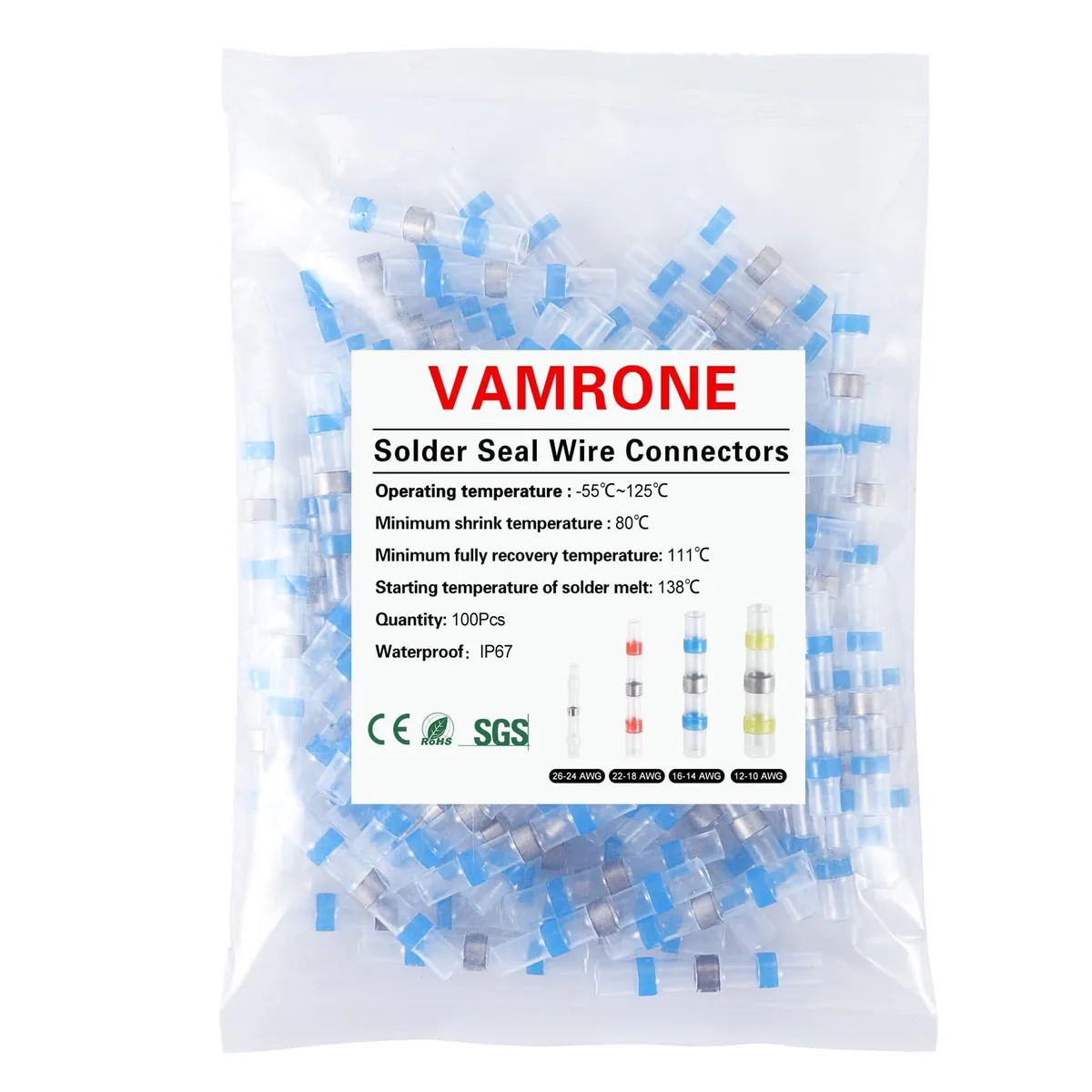  100PCS Blue Waterproof Solder Seal Wire Connectors 16-14 AWG — product photo