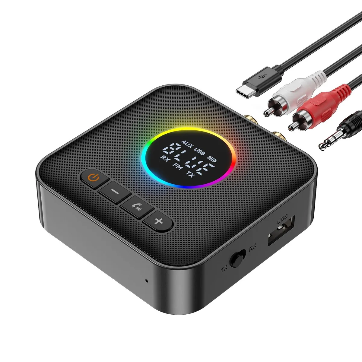 Compact black Bluetooth 5.4 adapter with digital display and RGB lighting, 3.94 by 2.95 by .98 inches, 73 grams