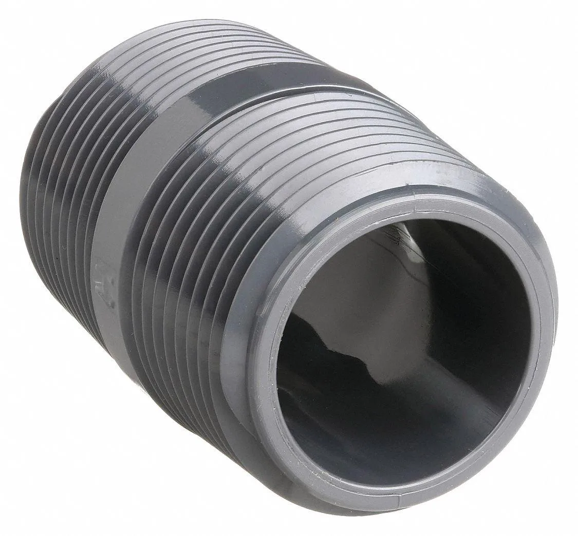 Gray PVC Schedule 80 pipe nipple, 1-1/2 inch MNPT by 2 inch TBE, threaded both ends